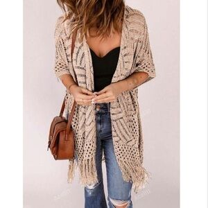 Crochet Cardigan Duster Sweater Fringe Kimono Boho Hippie Tan Size Large